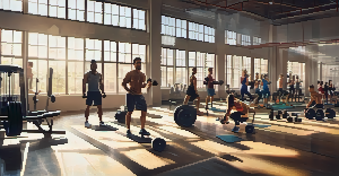 A diverse group of people working out in a gym, lifting weights and exercising, with bright sunlight coming through the windows.