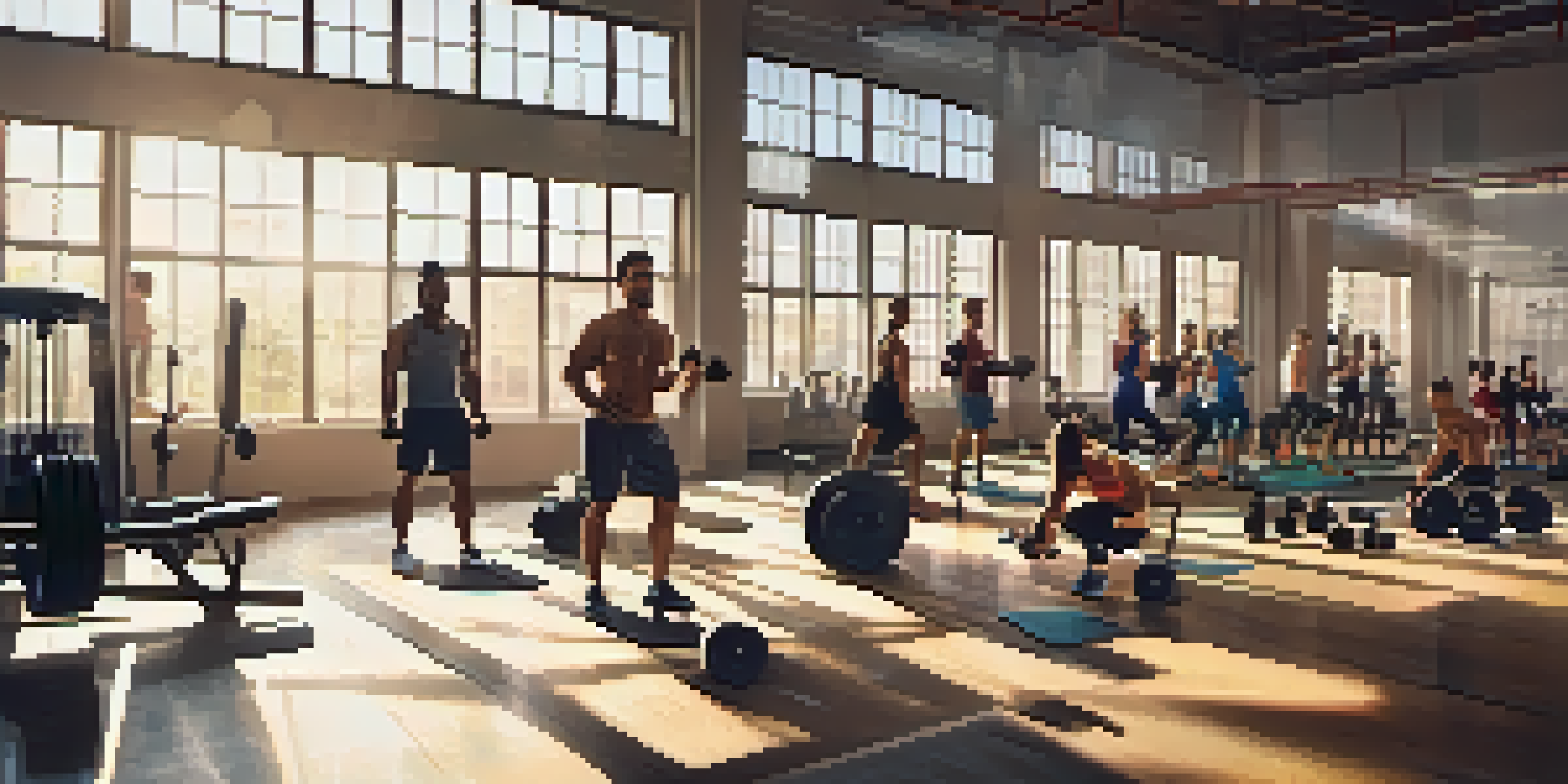 A diverse group of people working out in a gym, lifting weights and exercising, with bright sunlight coming through the windows.