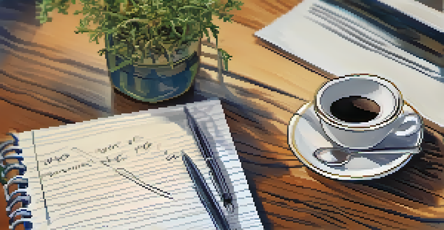A notebook with handwritten notes about therapy, a pen, and a cup of herbal tea on a wooden table.