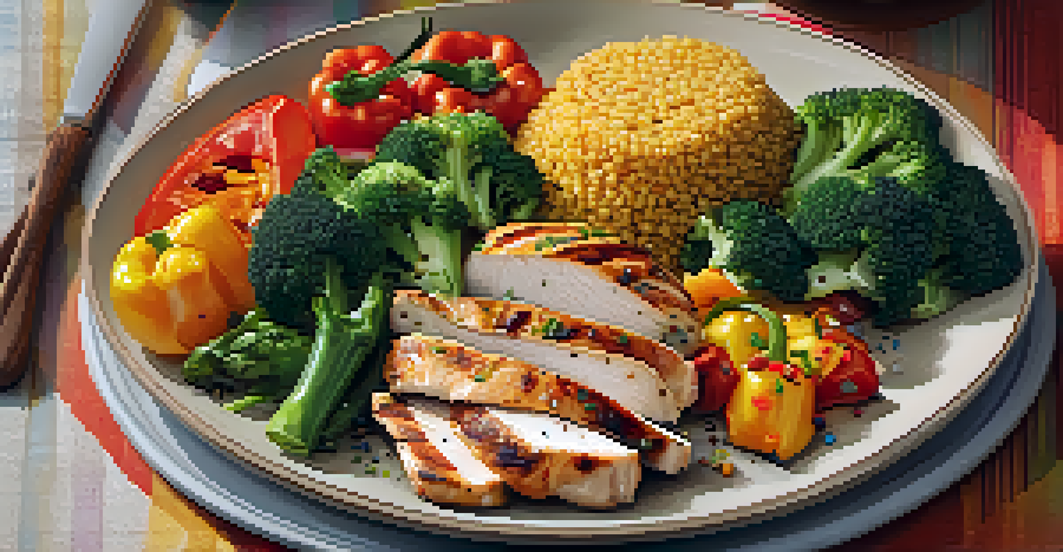 A close-up of a balanced meal featuring grilled chicken, quinoa, and colorful vegetables, beautifully arranged on a plate.