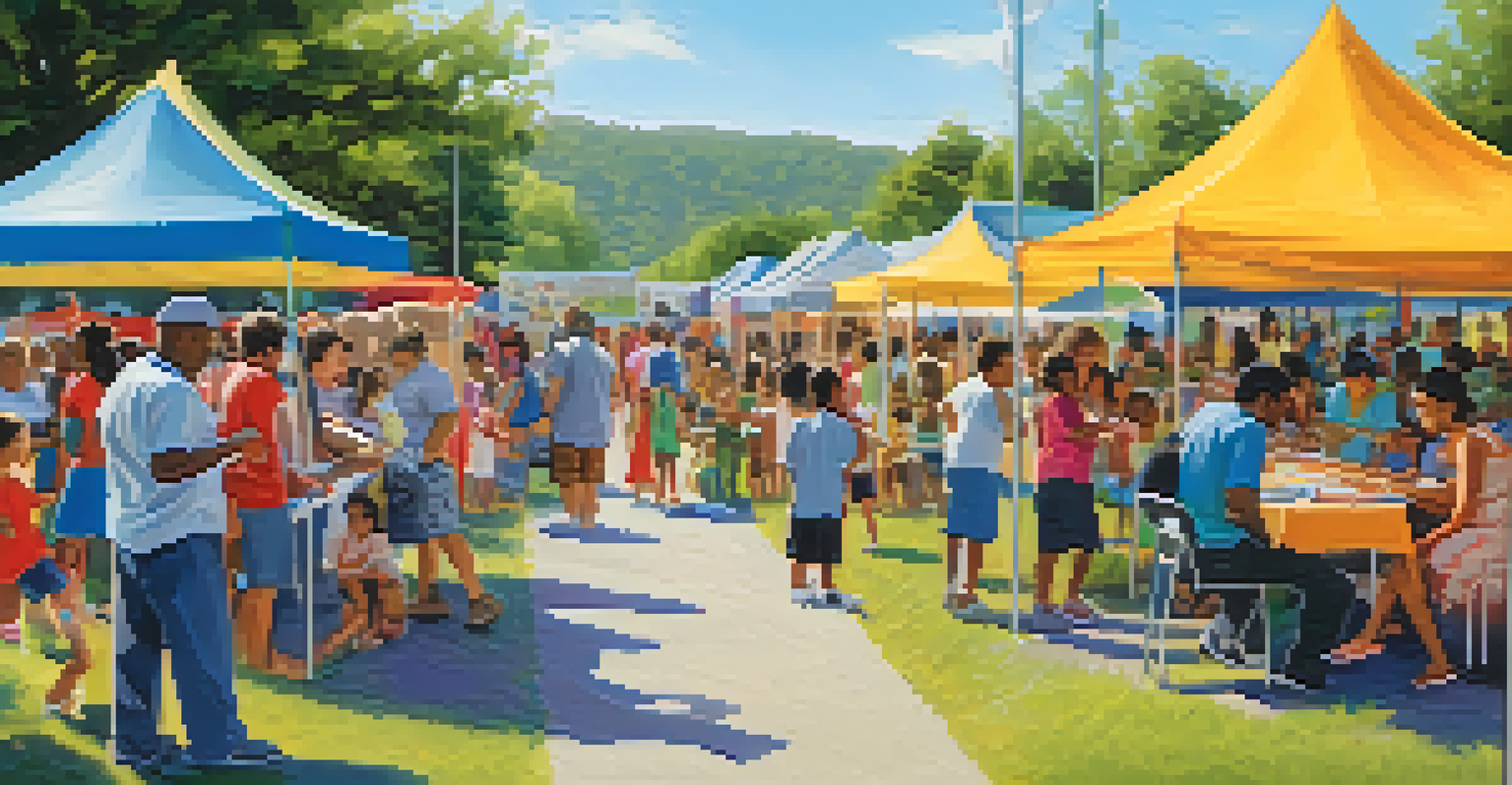 A vibrant community health fair with families participating in health screenings and activities under colorful tents.