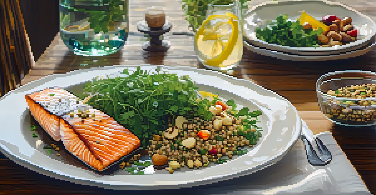 A beautifully arranged dining table featuring healthy dishes and infused water, set in warm lighting.