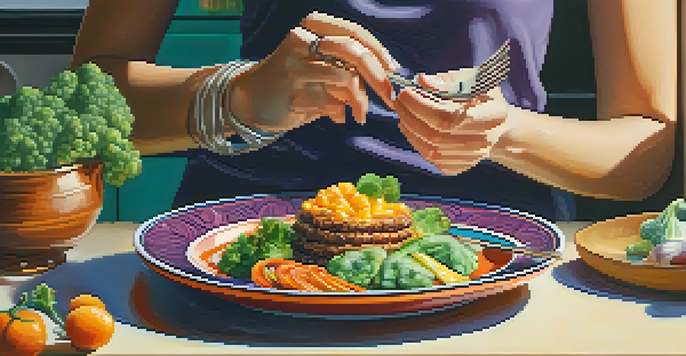A close-up of hands holding a fork, enjoying a colorful plate of food in a cozy kitchen setting.