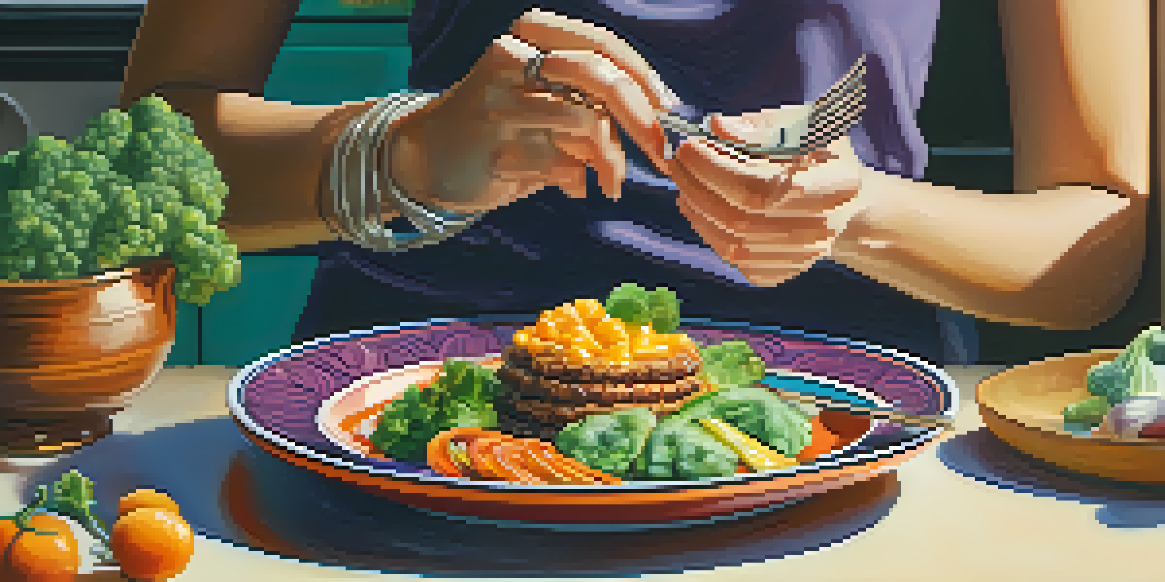 A close-up of hands holding a fork, enjoying a colorful plate of food in a cozy kitchen setting.