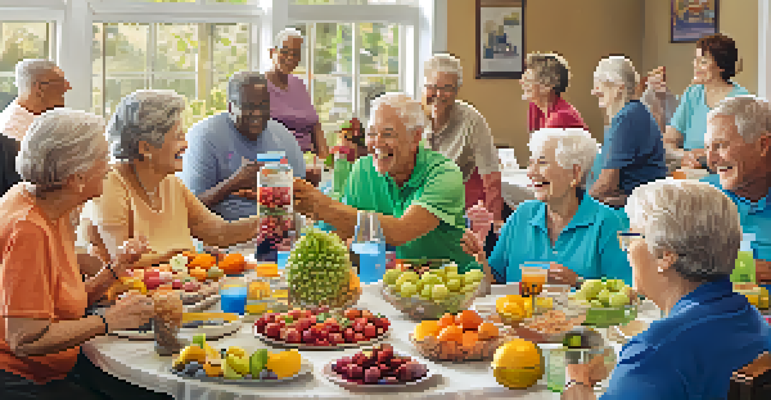Seniors enjoying a community gathering after a fitness class, sharing healthy snacks and engaging in friendly conversations in a decorated room promoting health and wellness.
