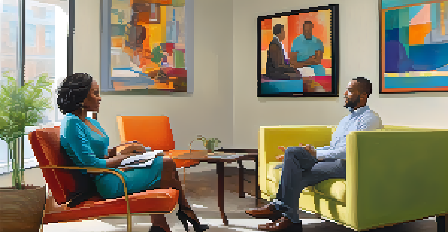 A therapist and client in a bright office, showcasing an empathetic interaction.