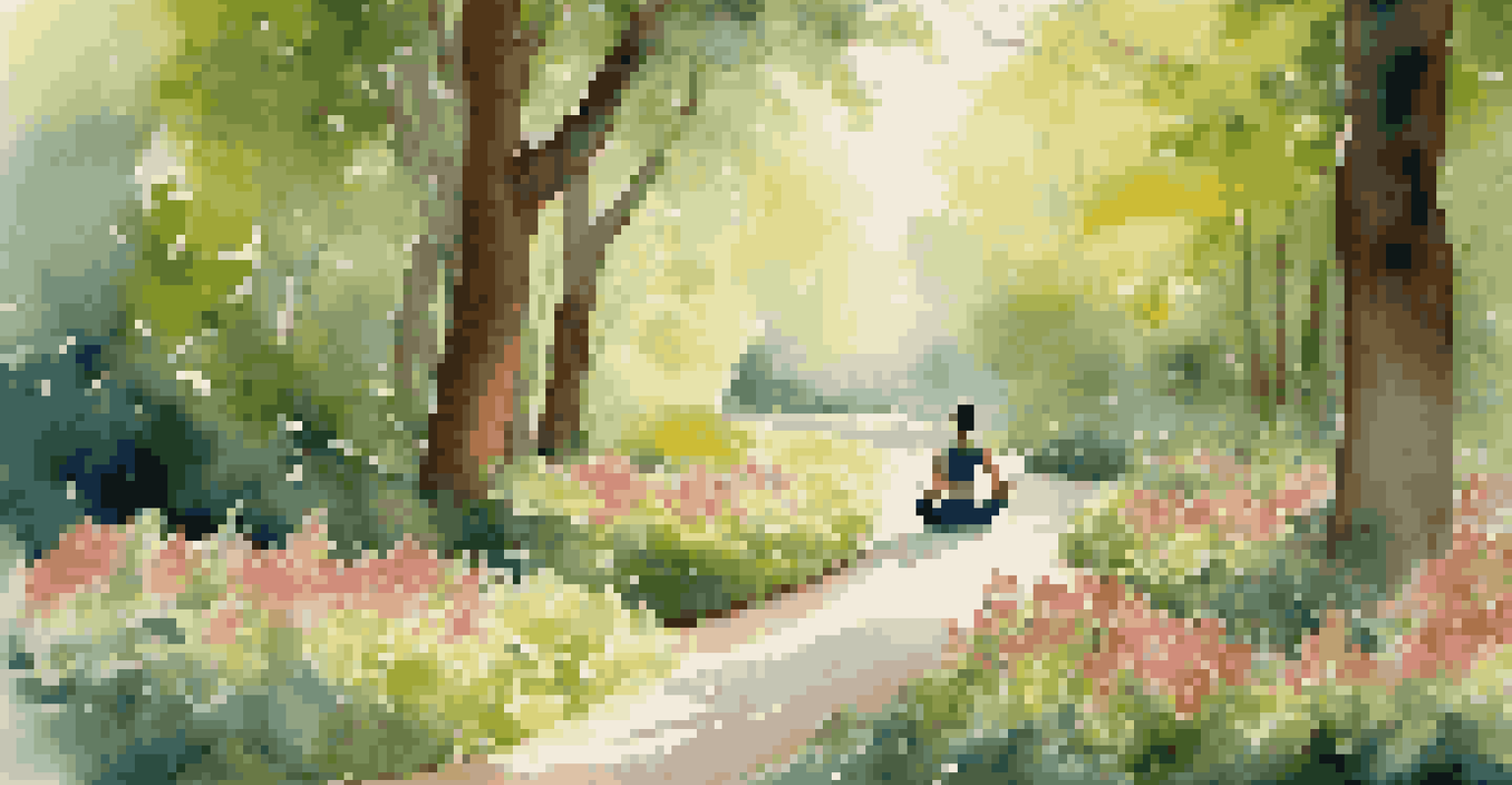 A person practicing yoga on a mat in a lush green park, surrounded by flowers and trees under soft sunlight.