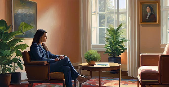 A crisis intervention professional conversing with a distressed person in a warm, calming room, surrounded by plants and soft lighting.