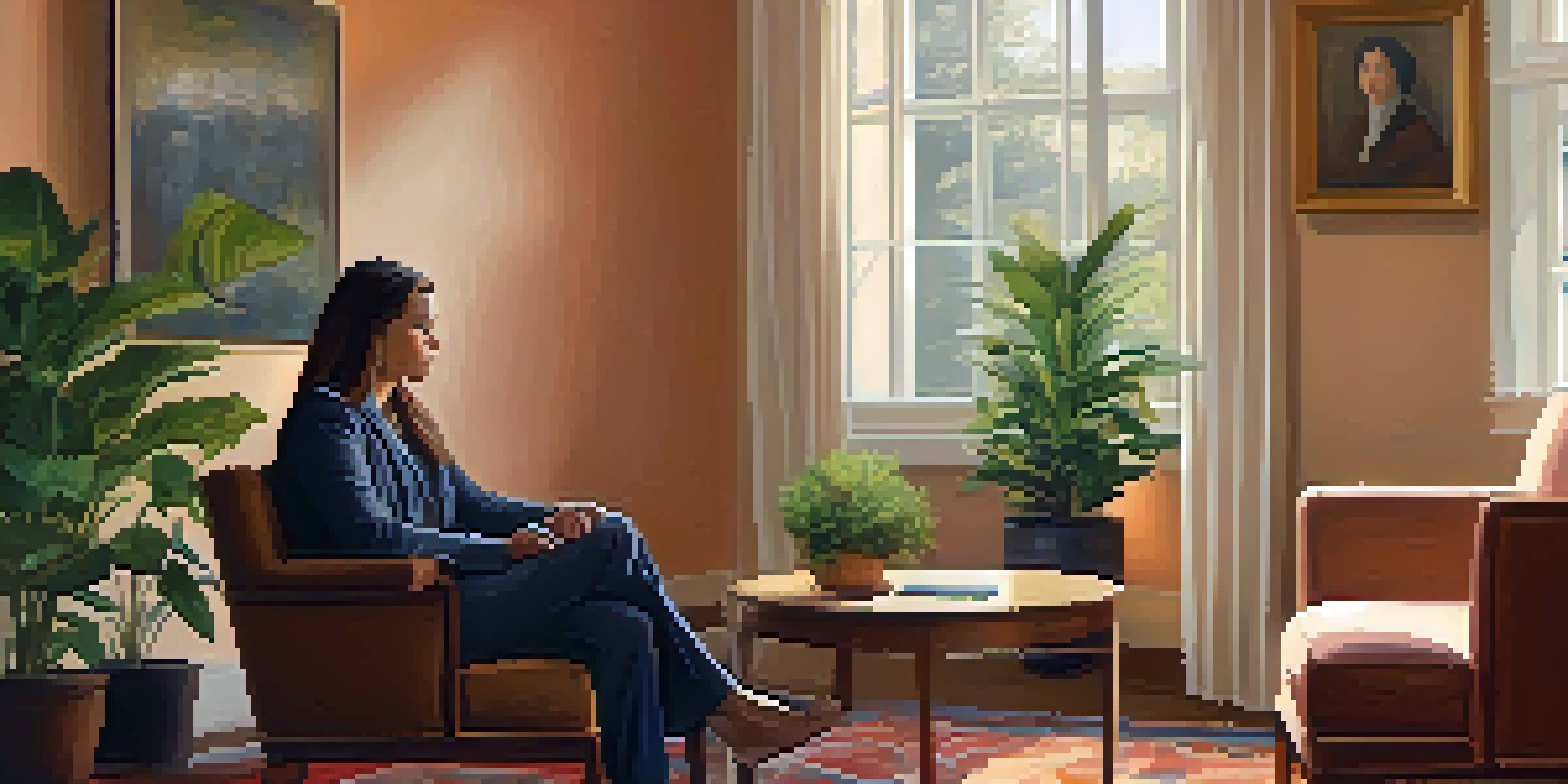 A crisis intervention professional conversing with a distressed person in a warm, calming room, surrounded by plants and soft lighting.