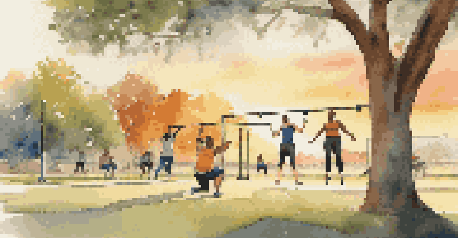 A fitness park at sunrise with individuals practicing mobility exercises, including stretching and dynamic movements.