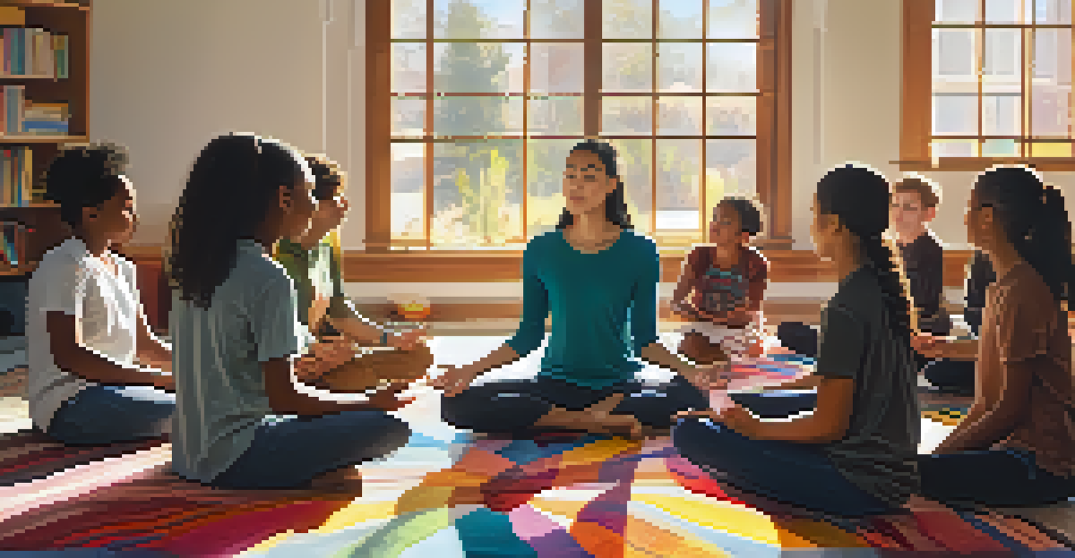 A teacher guiding students in a mindfulness exercise, creating a tranquil and focused classroom atmosphere with sunlight streaming in.