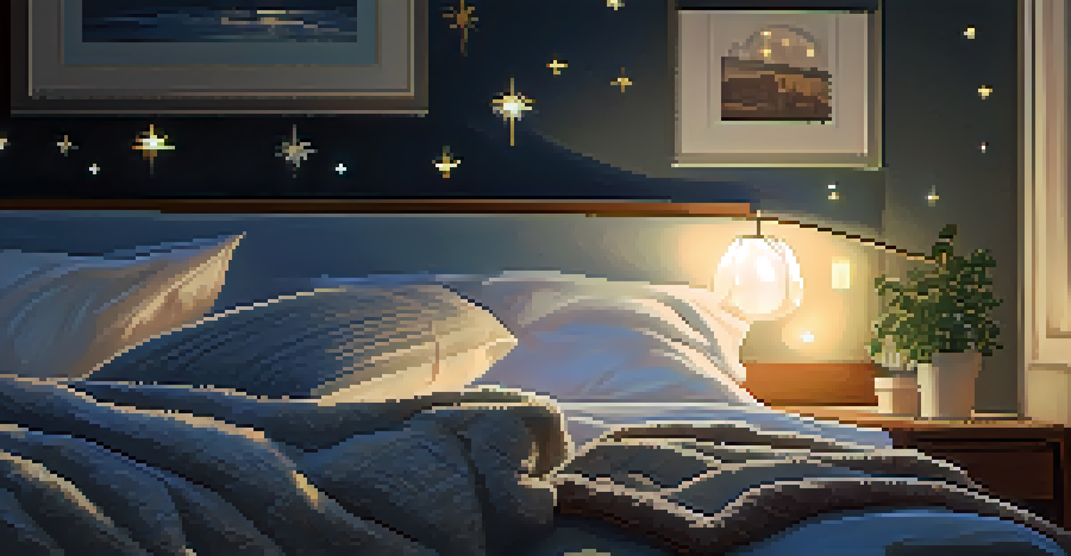 A calming bedroom at night with soft lighting and a view of the stars.