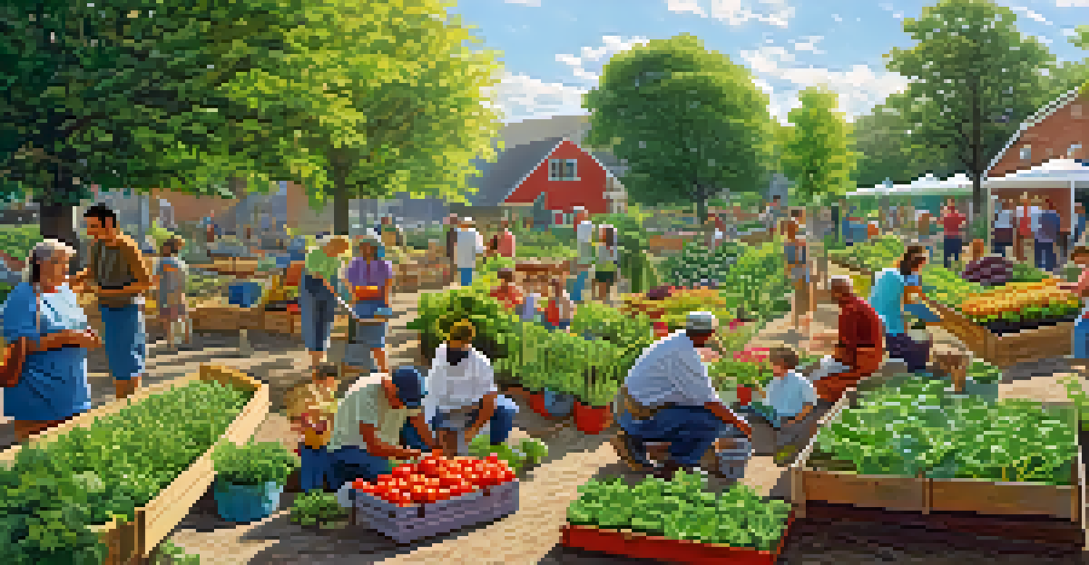 A lively community garden scene with people of different ages planting and harvesting vegetables under bright sunlight.