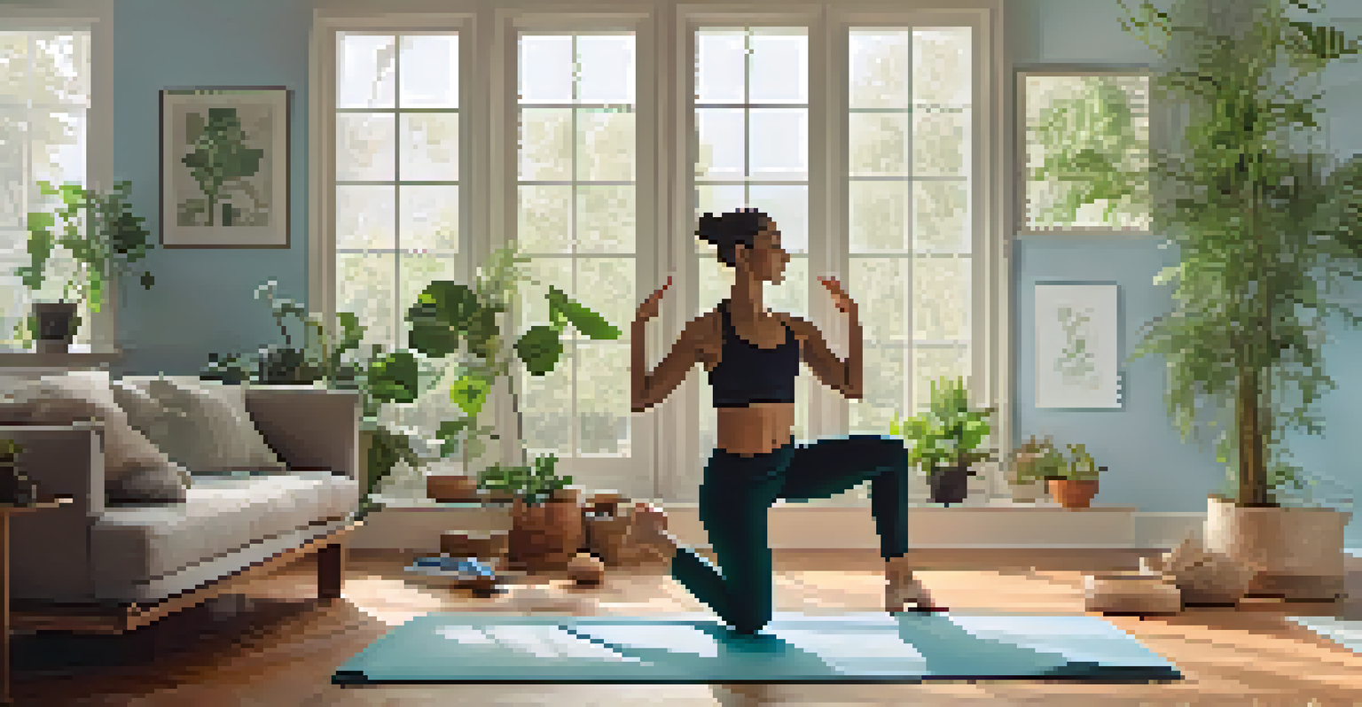 A person practicing yoga in a tranquil living room filled with plants and natural light.