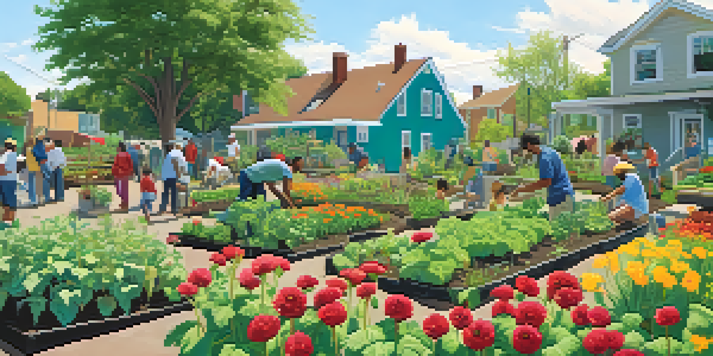 A community garden in a low-income neighborhood with people of various ages planting and tending to vegetables and flowers under a sunny sky.