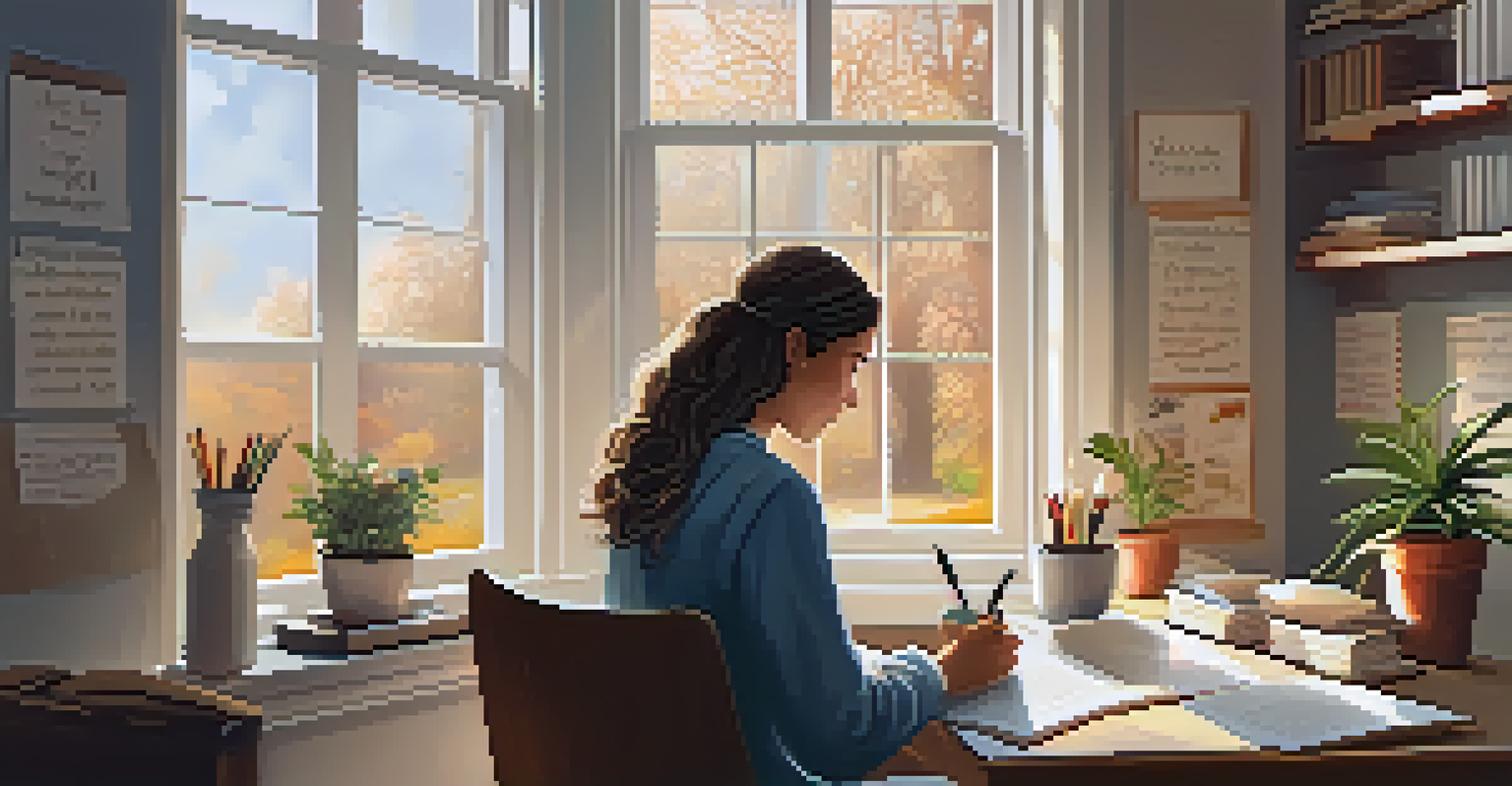 A person writing positive affirmations in a journal at a cozy desk with motivational decor.