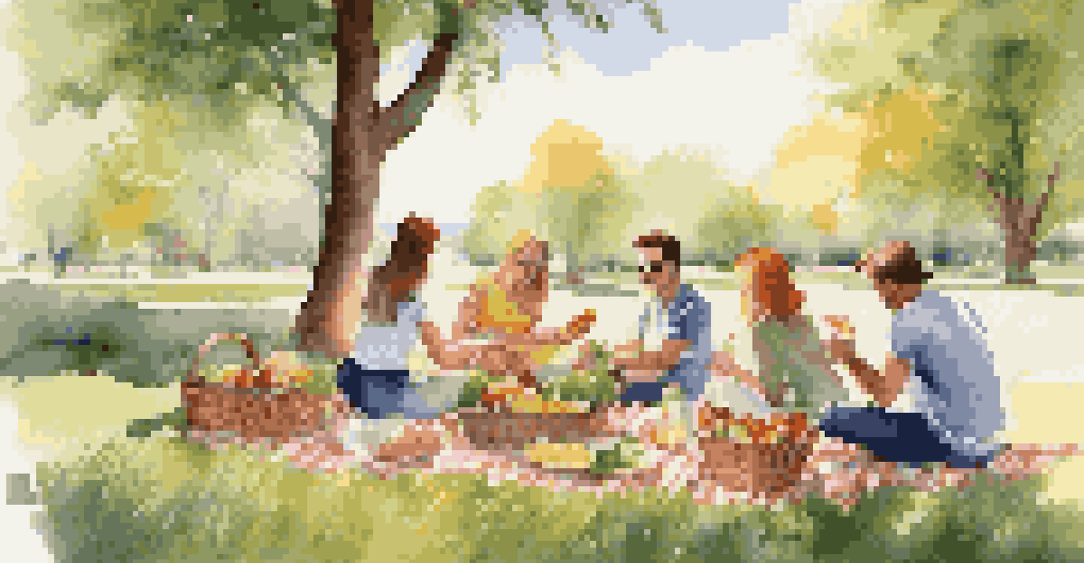 A group of friends enjoying a healthy picnic in a sunny field, surrounded by fresh foods and greenery, embodying community and wellness.