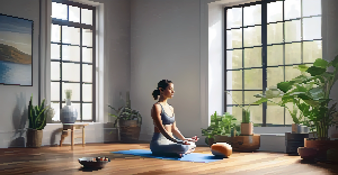 A peaceful yoga studio with a person meditating on a mat, surrounded by plants and healthy food.