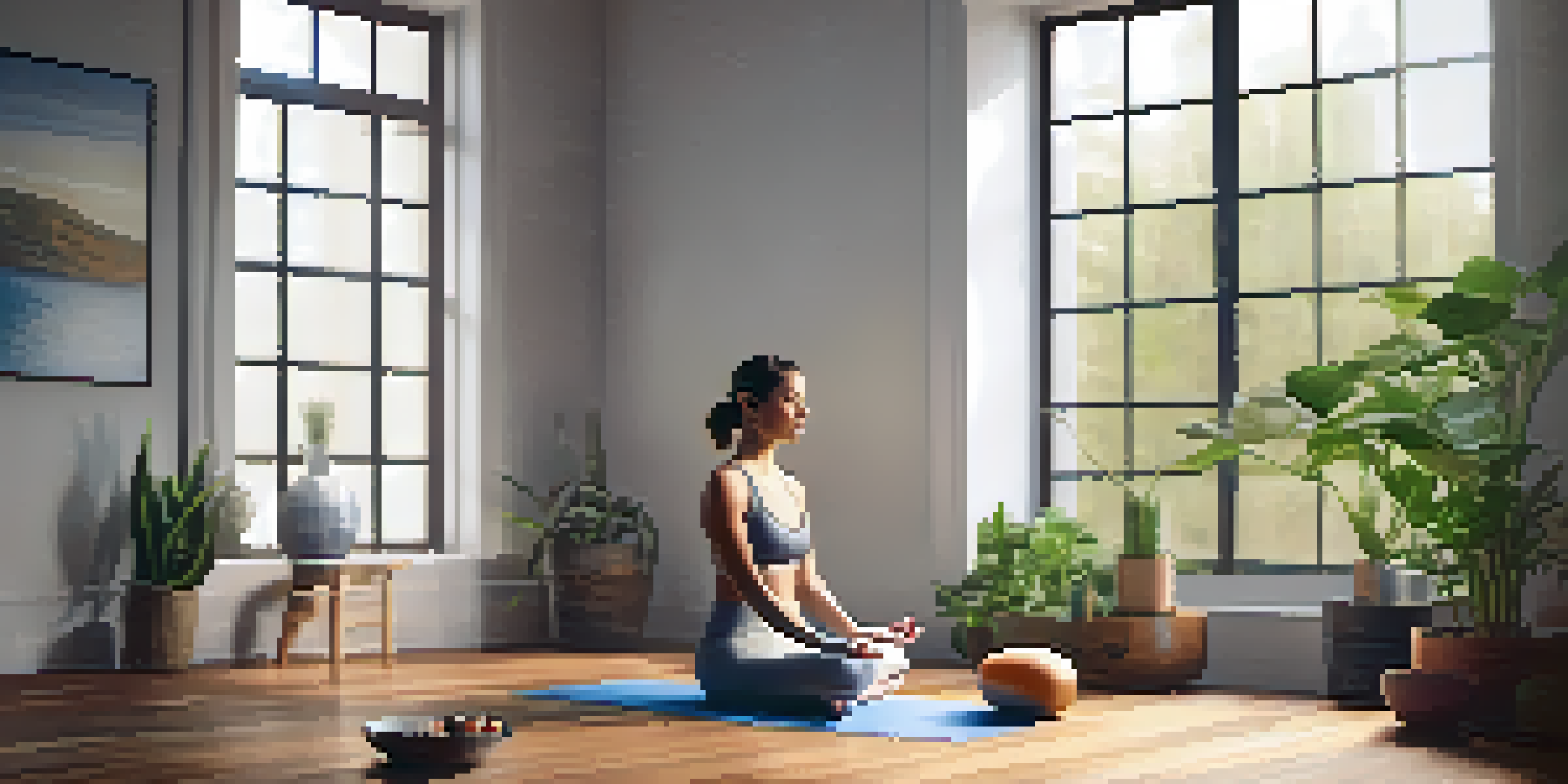 A peaceful yoga studio with a person meditating on a mat, surrounded by plants and healthy food.
