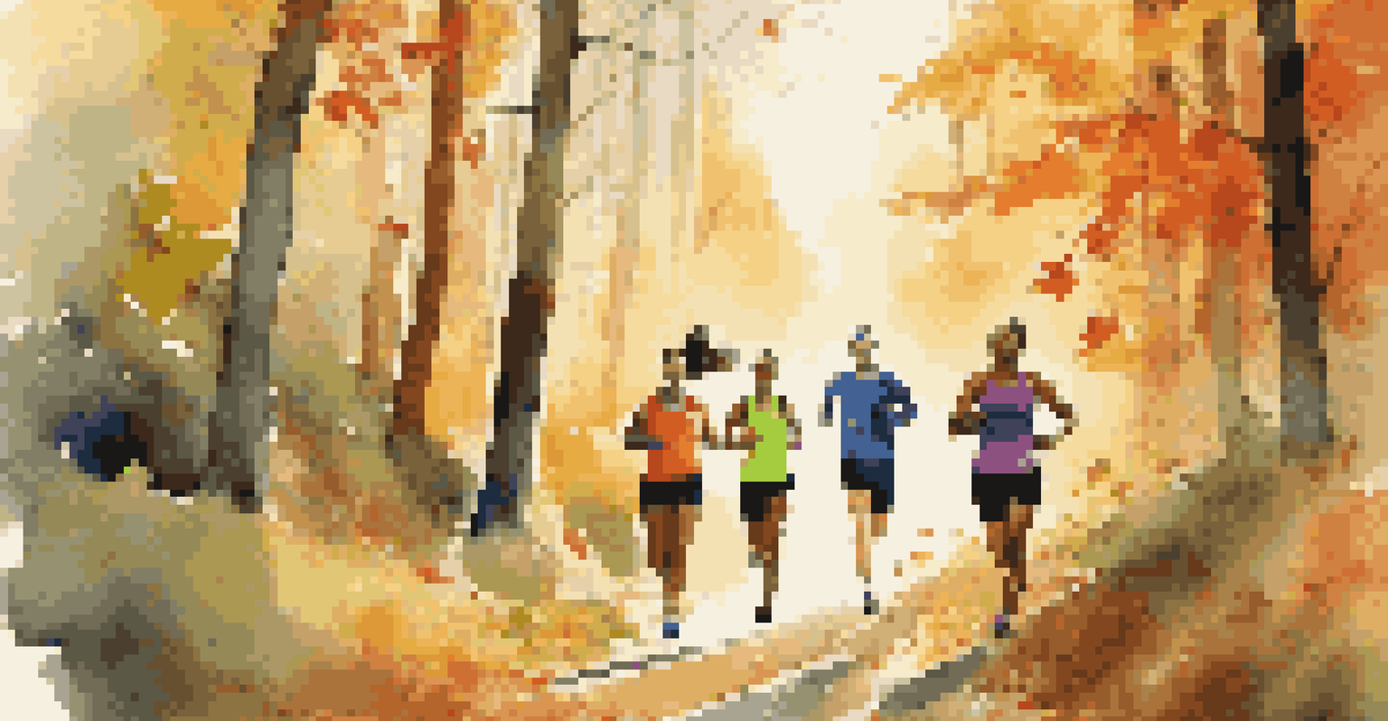 A diverse group of runners enjoying a trail running event on a forest path surrounded by colorful autumn leaves, with sunlight streaming through the trees.