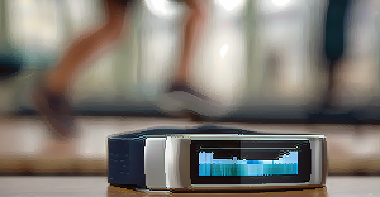 A close-up of a fitness tracker on a wrist, showing health metrics, set against a blurred gym background.