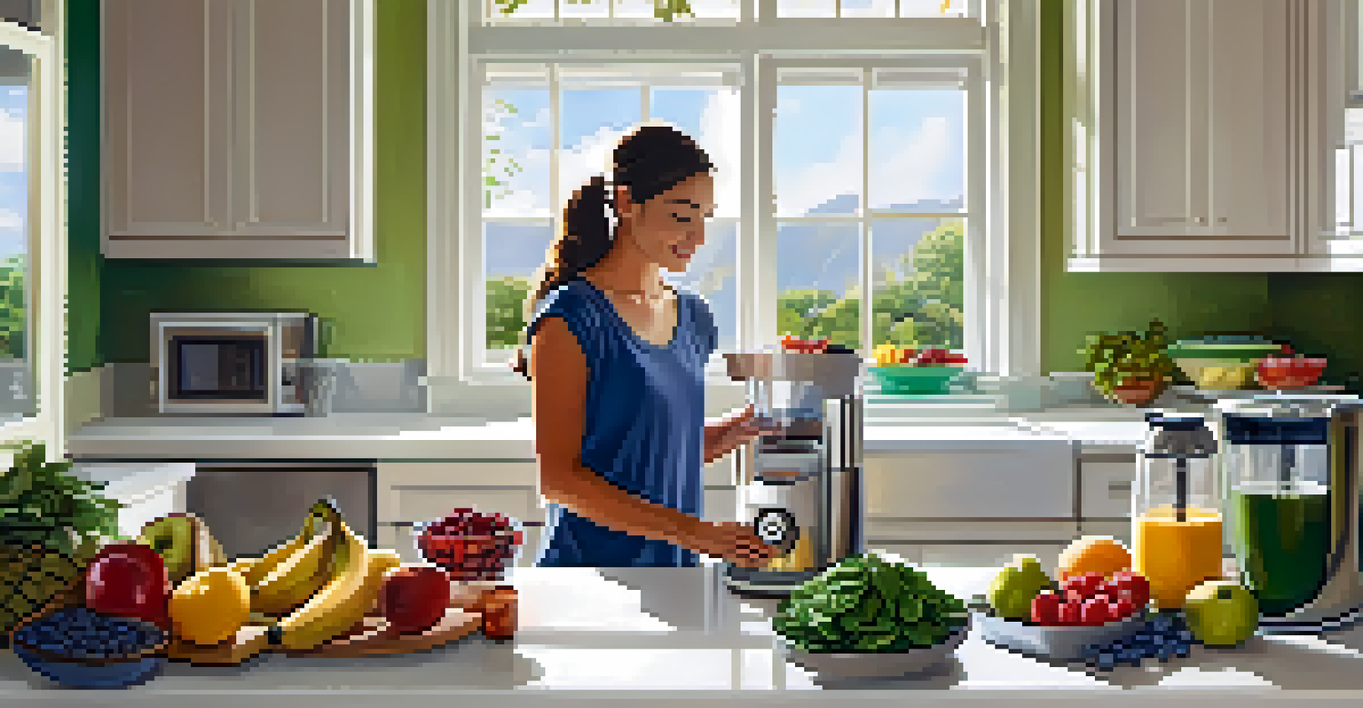 A person blending a smoothie in a bright kitchen, surrounded by fresh fruits and vegetables.