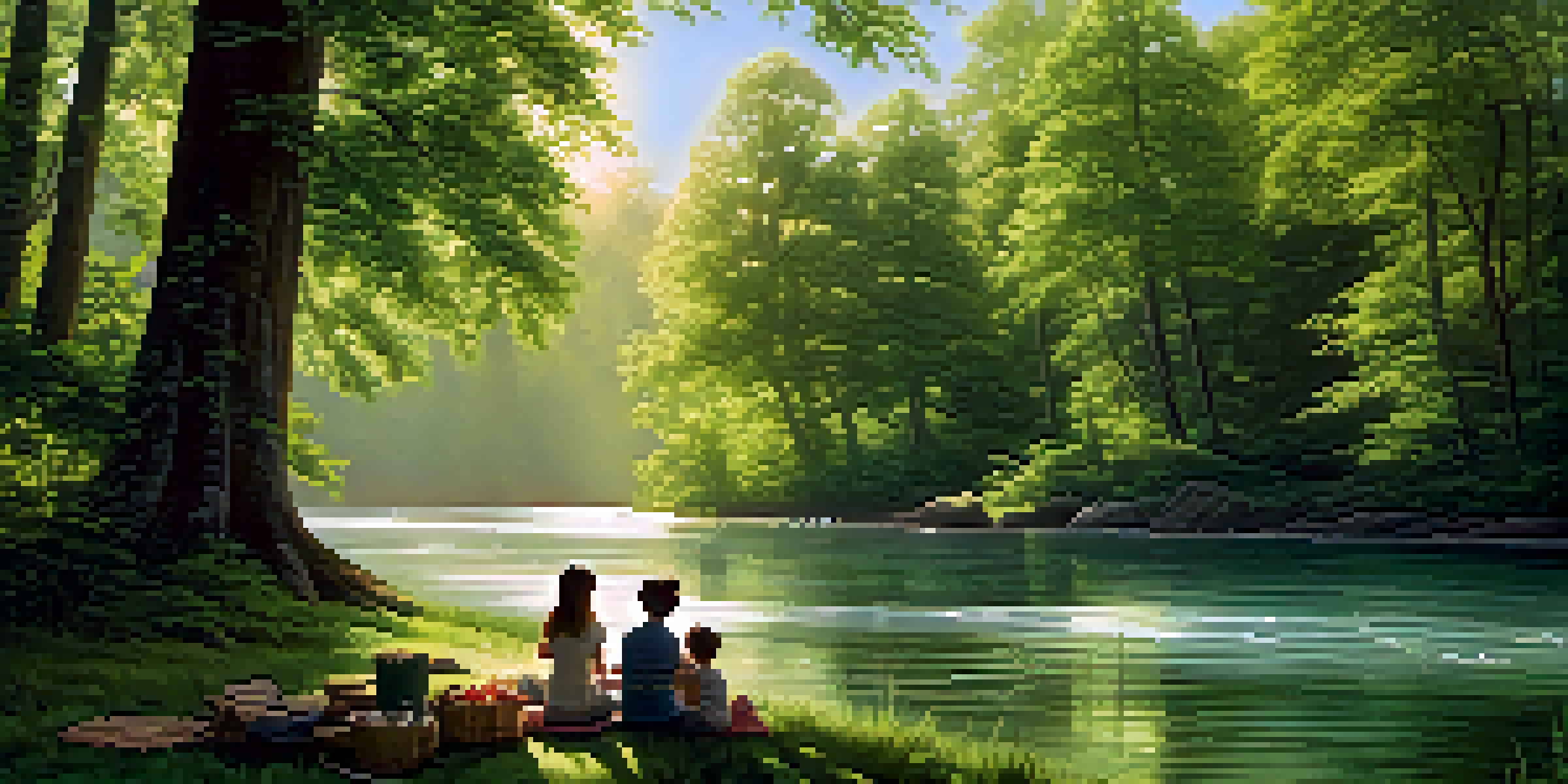 A family having a picnic by a clean river surrounded by a lush green forest, with sunlight shining through the trees.
