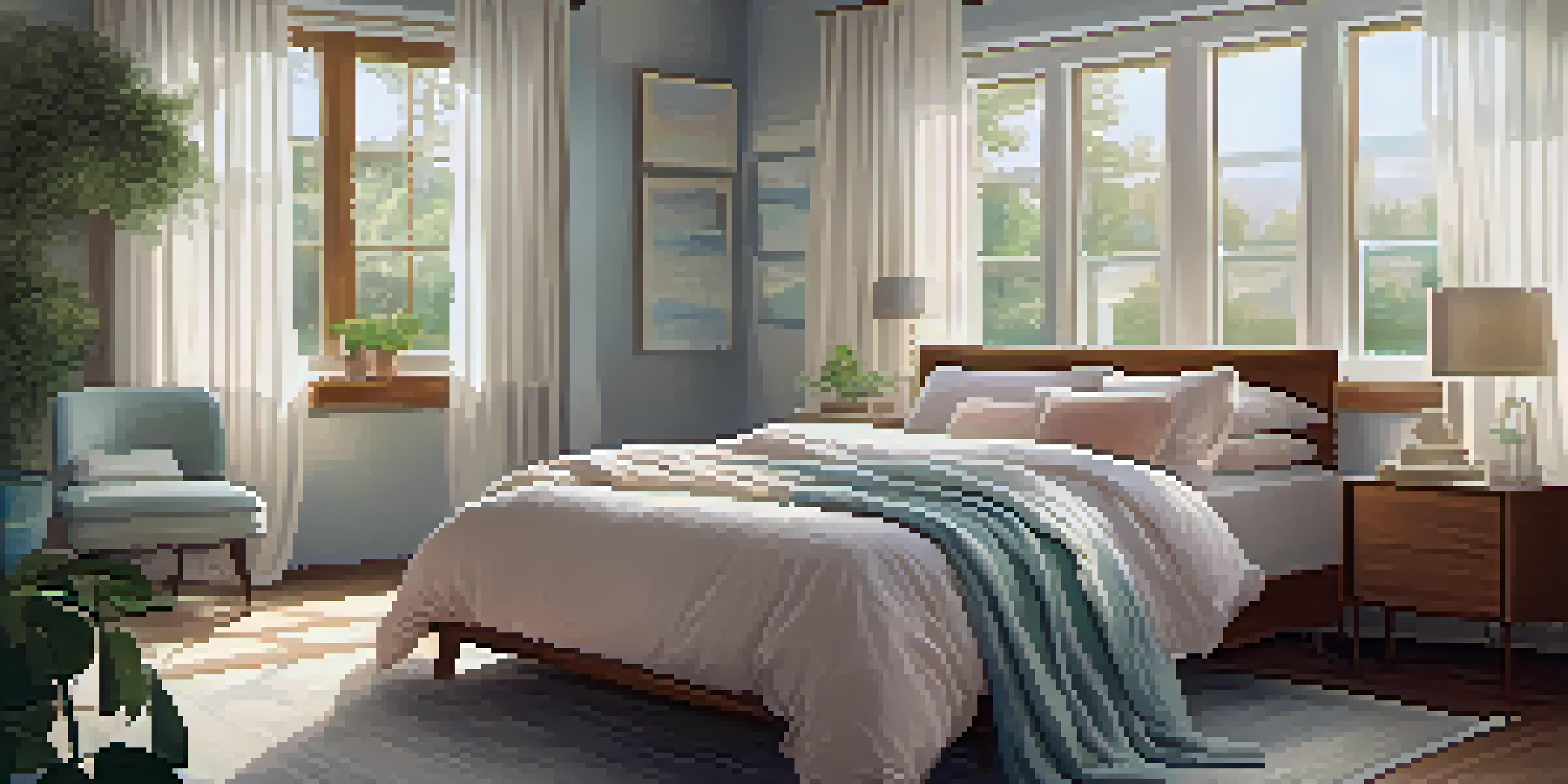 A peaceful bedroom with soft light, a cozy bed, and a bedside table with a glass of water and a plant.