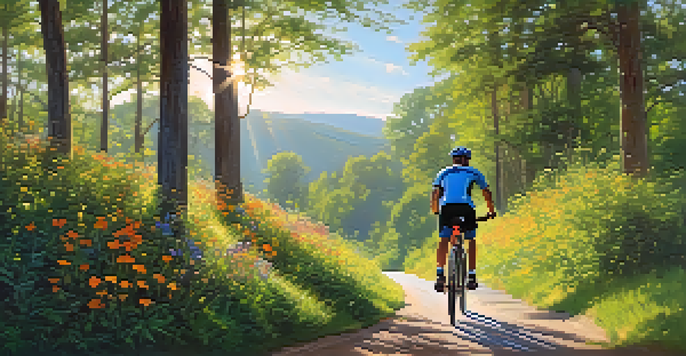 A cyclist enjoying a ride on a sunny trail with greenery and wildflowers around.
