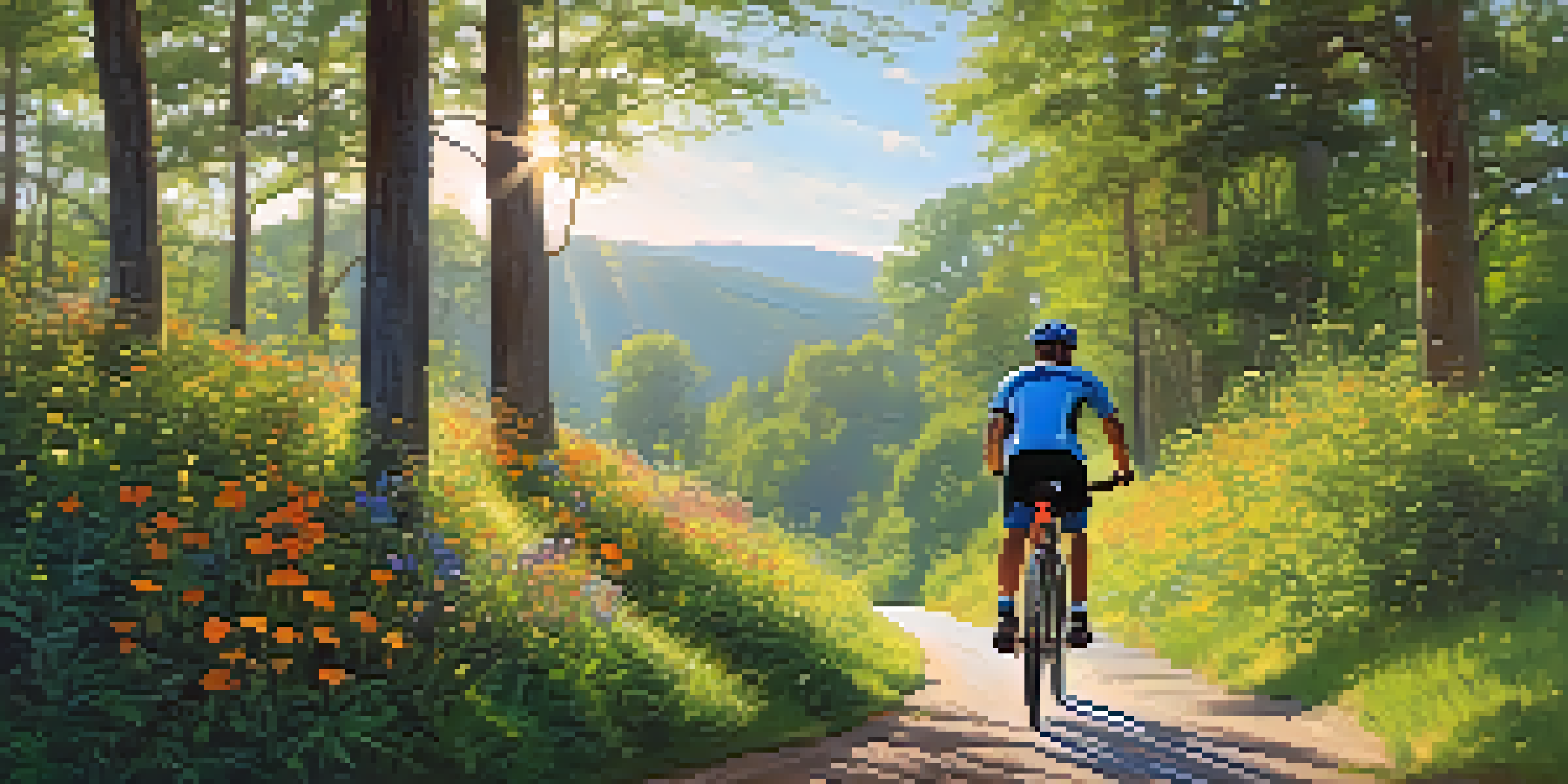 A cyclist enjoying a ride on a sunny trail with greenery and wildflowers around.