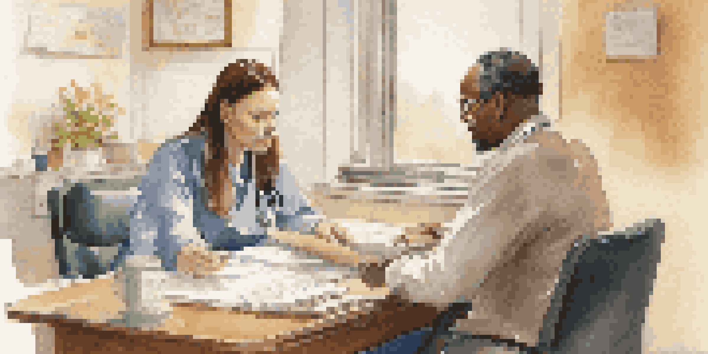 A healthcare provider explaining medical information to a patient using visual aids in a warm and inviting room.
