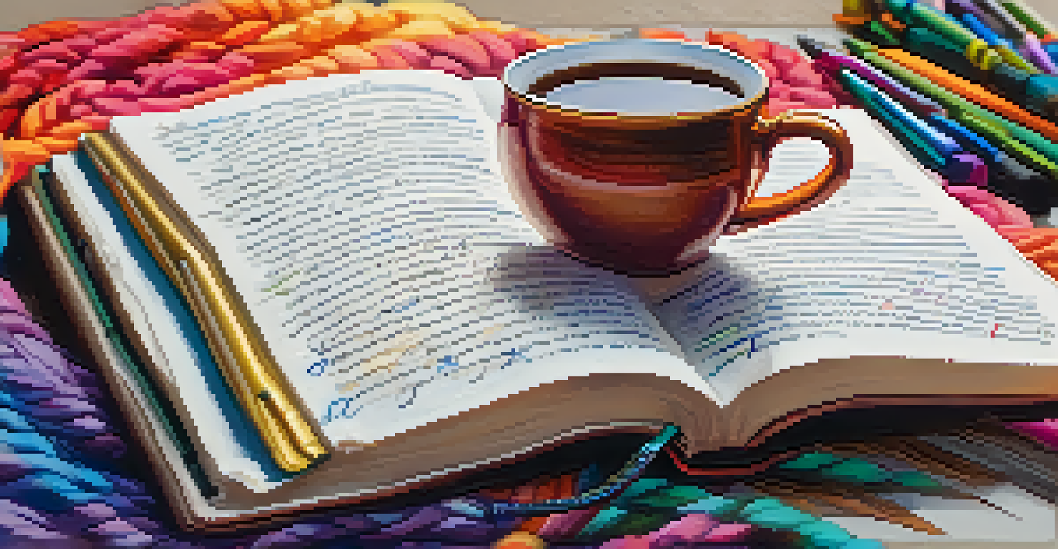 A close-up of a hand writing in a journal with colorful pens and a steaming cup of tea in a cozy setting.