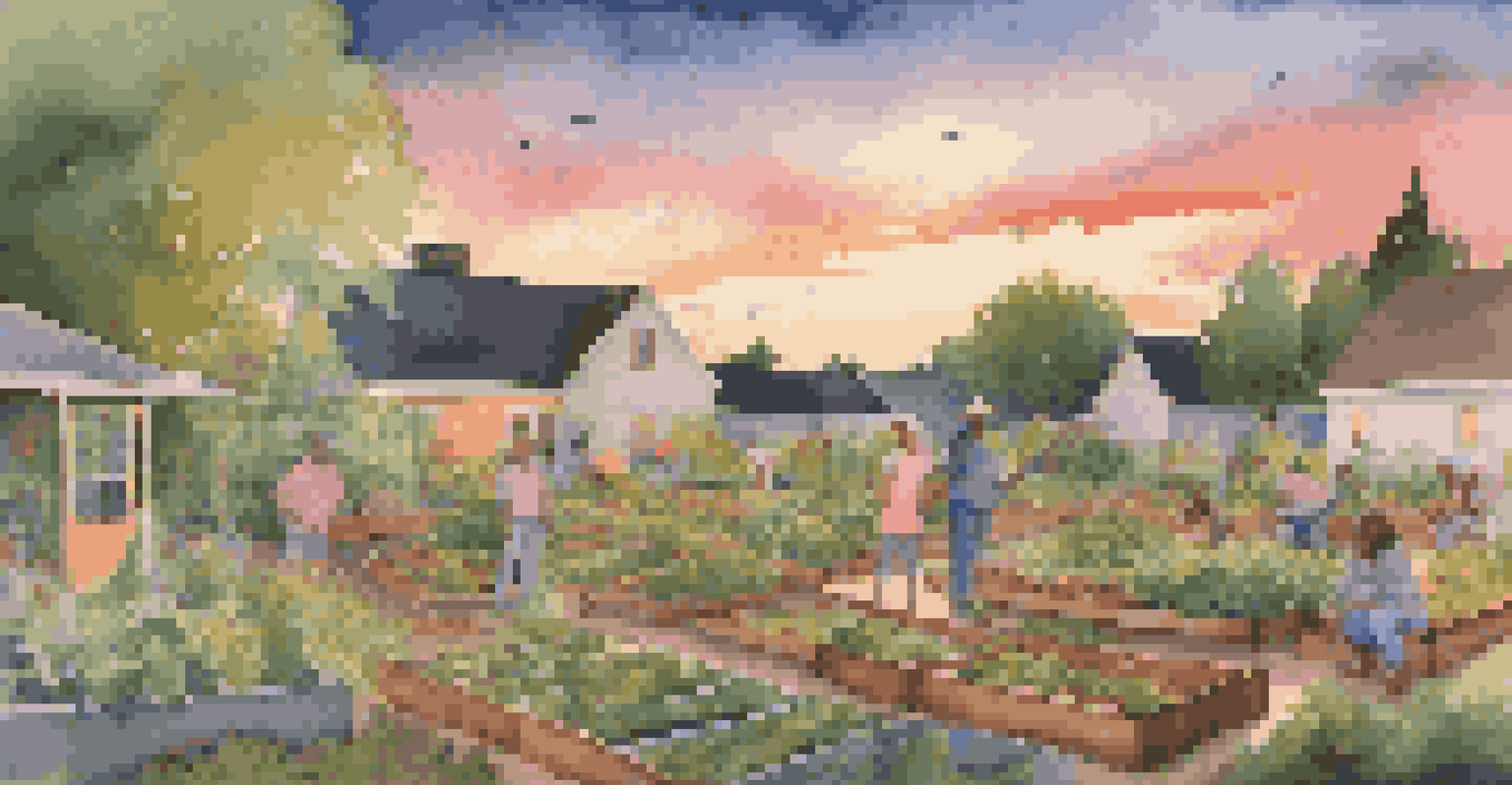 Neighbors enjoying time together in a community garden at sunset, surrounded by ripe vegetables and a colorful sky.