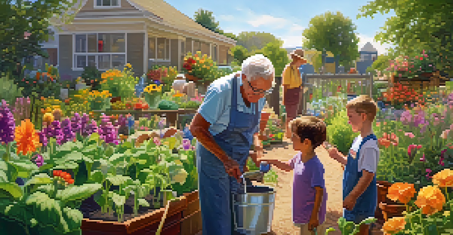 Elderly gardener teaching a young child to water plants in a colorful community garden, filled with flowers and vegetables under soft afternoon light.