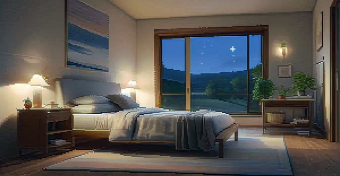 A cozy bedroom at twilight with soft linens, a starry sky outside, and warm lighting creating a calming atmosphere.