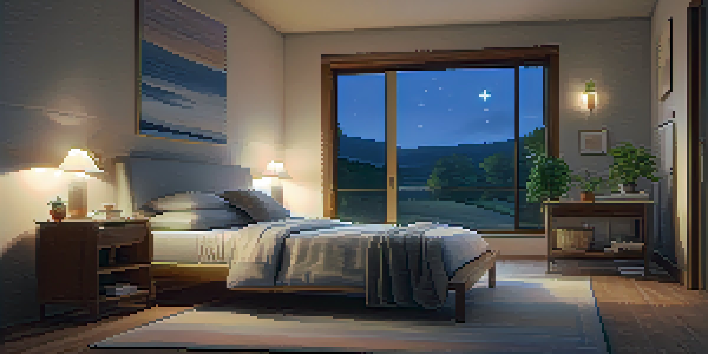 A cozy bedroom at twilight with soft linens, a starry sky outside, and warm lighting creating a calming atmosphere.