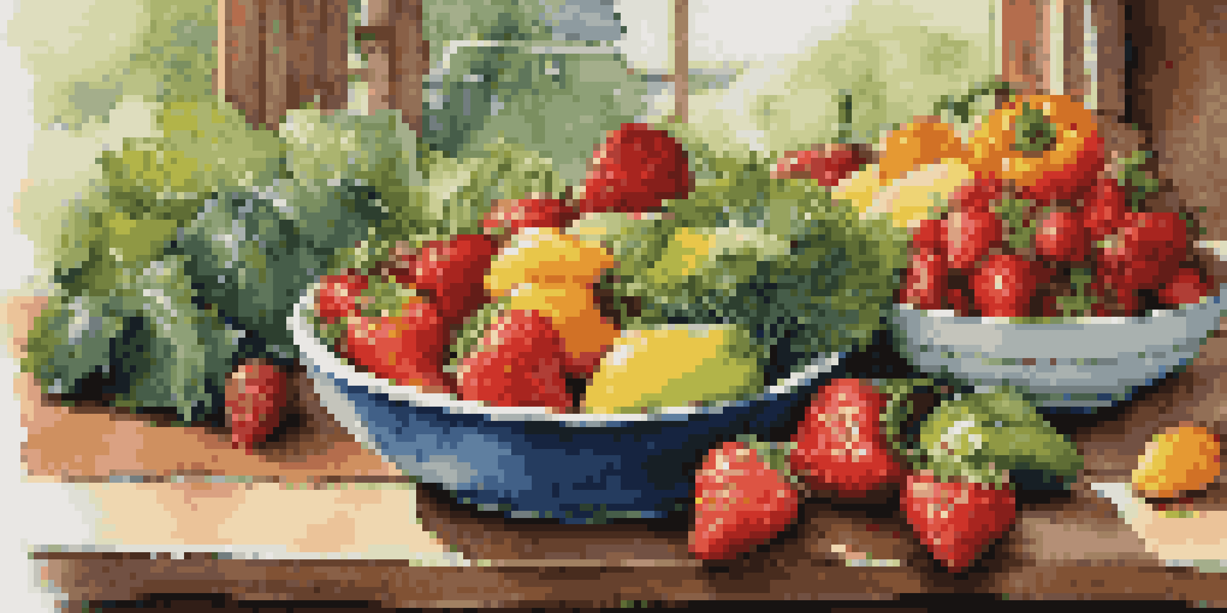 A colorful plate filled with fresh fruits and vegetables on a rustic wooden table, illuminated by sunlight.
