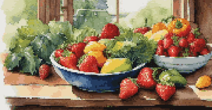 A colorful plate filled with fresh fruits and vegetables on a rustic wooden table, illuminated by sunlight.