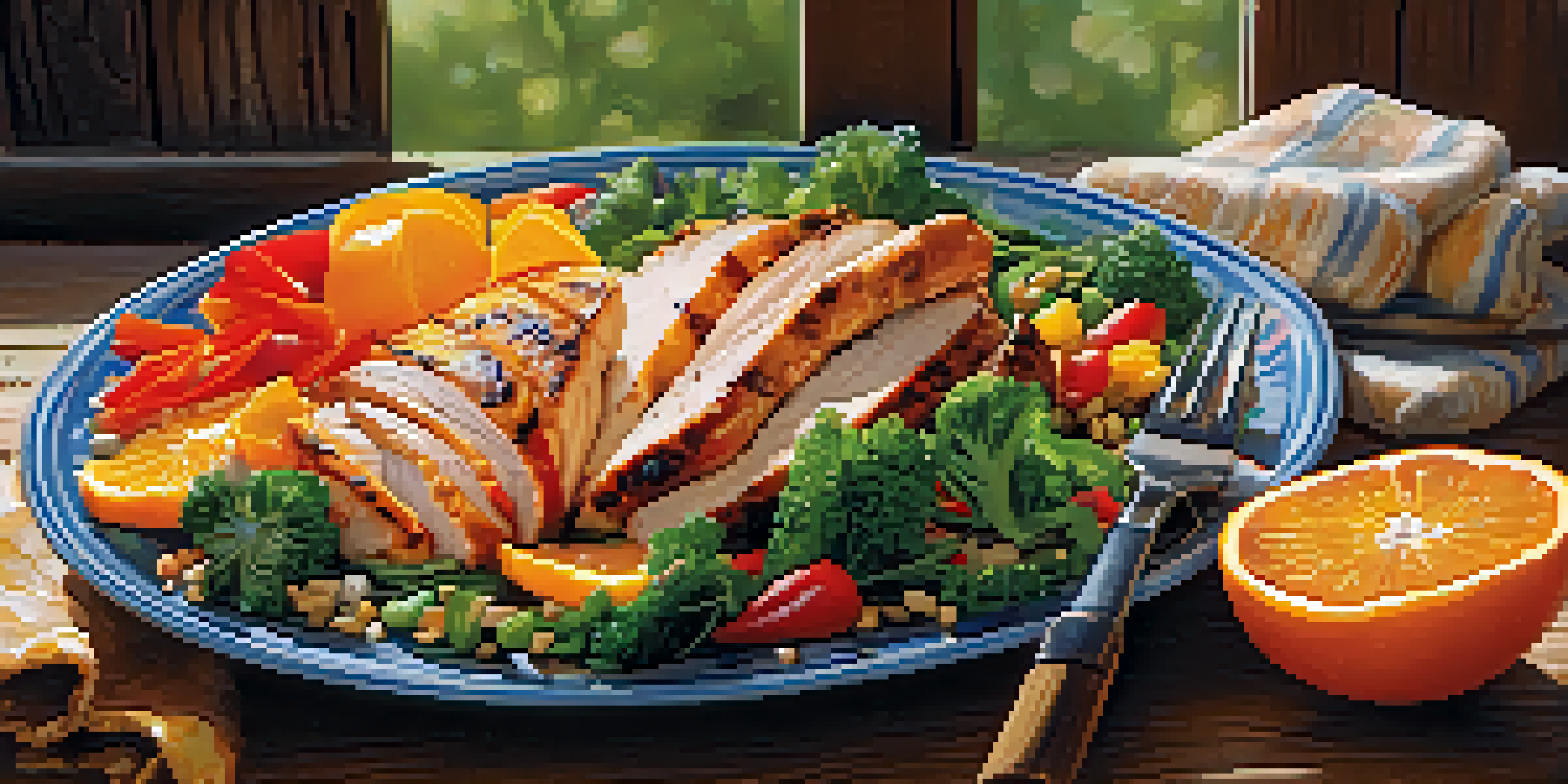 A colorful plate of healthy foods including oranges, leafy greens, bell peppers, whole grains, and grilled chicken, arranged beautifully on a wooden table.
