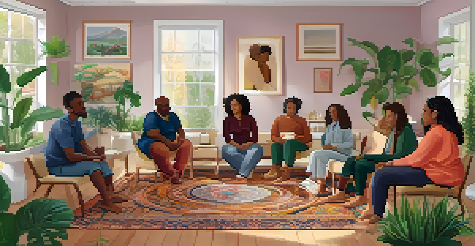 A community support group meeting with participants of various cultural backgrounds sharing their experiences in a cozy room.