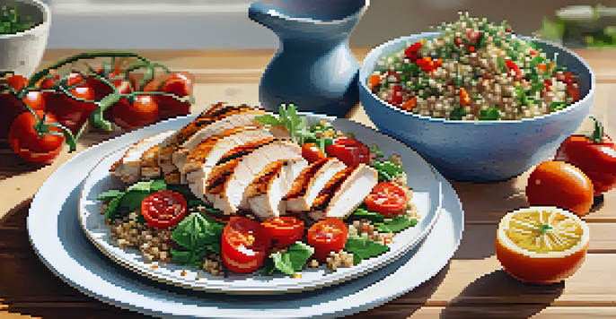 A plate of grilled chicken, quinoa, and a colorful salad with various vegetables, arranged on a wooden table in a bright kitchen.