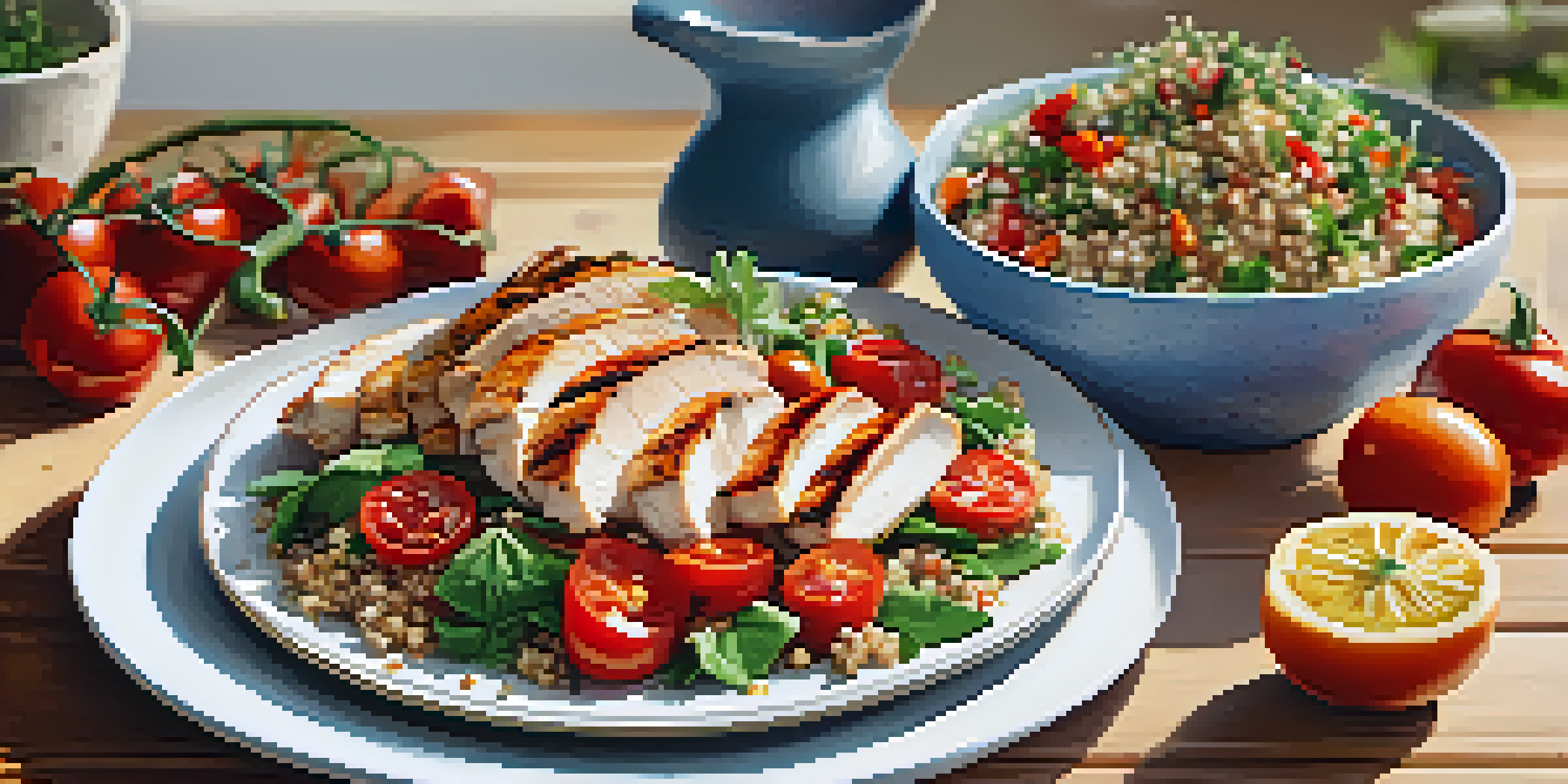 A plate of grilled chicken, quinoa, and a colorful salad with various vegetables, arranged on a wooden table in a bright kitchen.