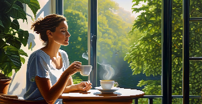 A person on a sunlit balcony sipping coffee, surrounded by green plants, enjoying a peaceful morning.