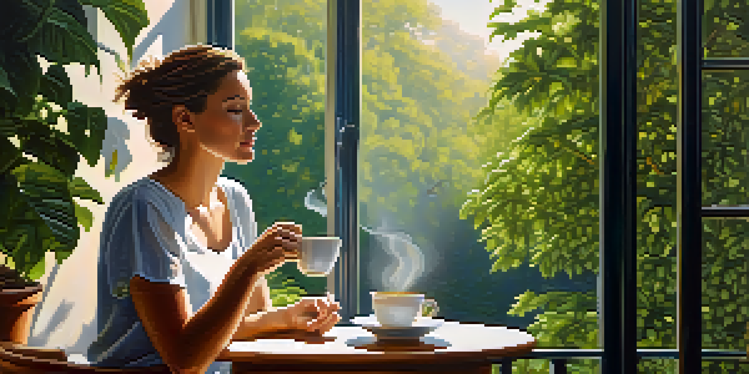 A person on a sunlit balcony sipping coffee, surrounded by green plants, enjoying a peaceful morning.
