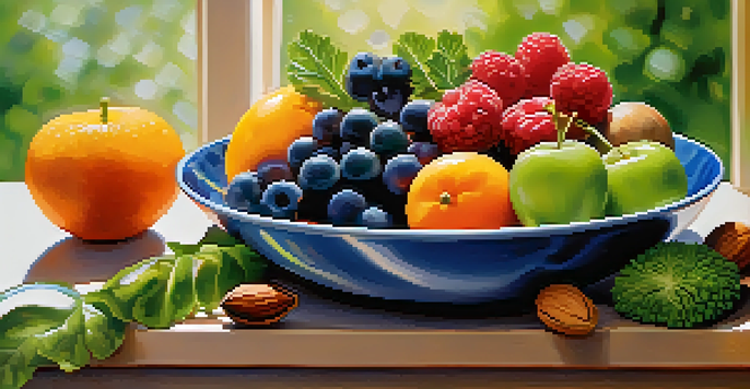 A close-up of a plate filled with colorful fruits and vegetables, showcasing their textures and colors, with a blurred background and warm sunlight.