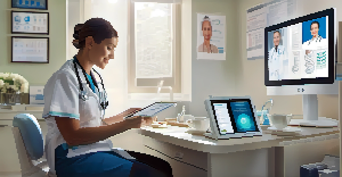 A healthcare professional consulting with a patient on a tablet in a bright clinic.