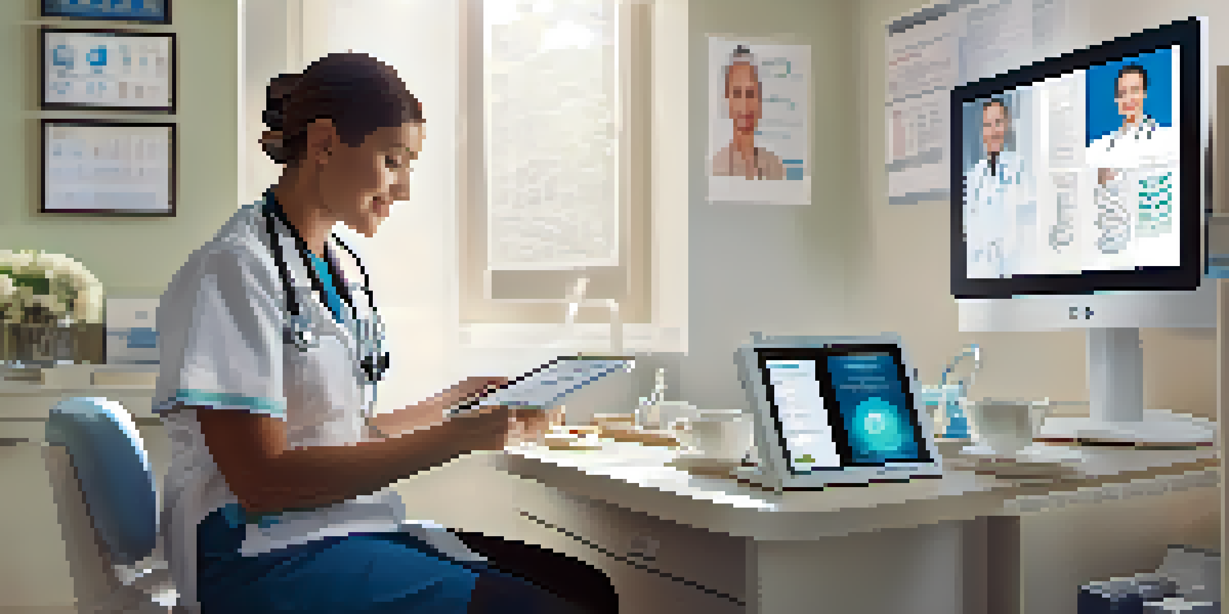A healthcare professional consulting with a patient on a tablet in a bright clinic.
