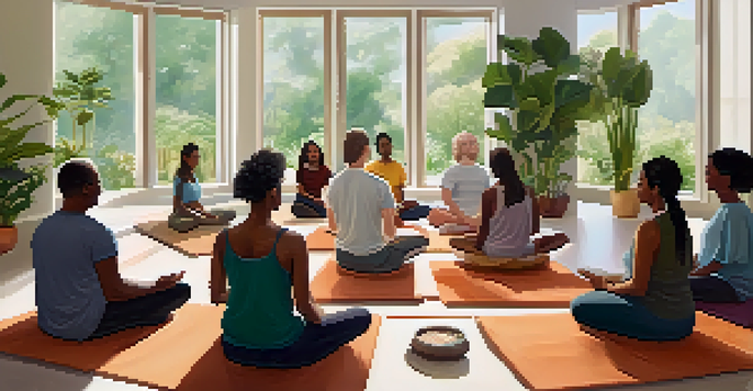 A diverse group of people in a health education workshop practicing guided meditation in a softly lit room with plants.