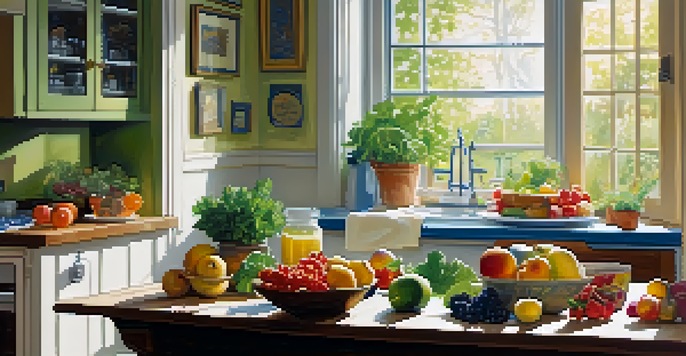 A bright kitchen table with fresh fruits, vegetables, and yogurt, illuminated by natural light.