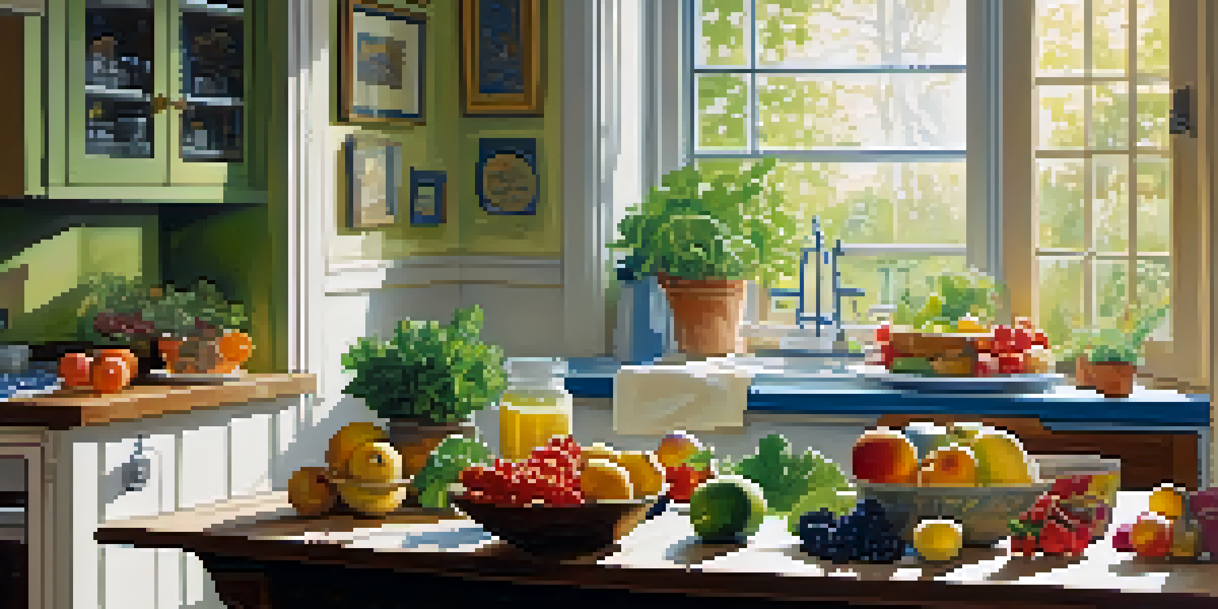 A bright kitchen table with fresh fruits, vegetables, and yogurt, illuminated by natural light.